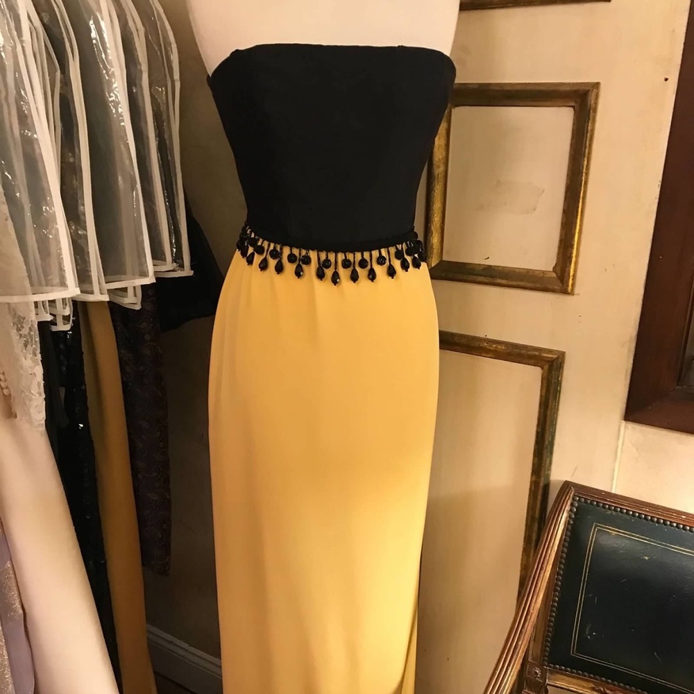 Vintage 60’ - 70,s Oscar de la Renta Black and Yellow Silk Strapless Beaded Gown
